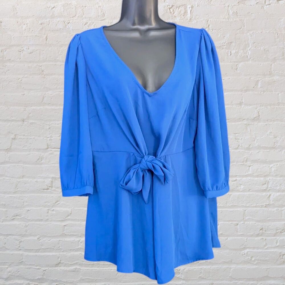 Torrid Georgette Tie Front Blouse Womens 00 Blue Peplum V Neck Plus Size Flowy